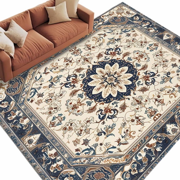 Vintage Flowers Pattern Washable Area Rug 5 x 8 ft Retro Blue Classical Bohemian Style , Soft Non Slip Rugs Stain Repellent Indoor Felt Carpet for Living Dining Room Bedroom Home Office