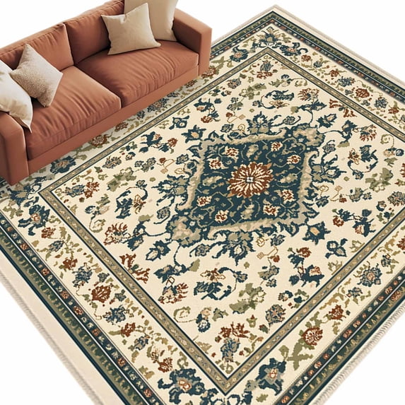 Vintage Flowers Pattern Washable Area Rug 6 x 9 ft Retro Classical Bohemian Style , Soft Non Slip Rugs Stain Repellent Indoor Felt Carpet for Living Dining Room Bedroom Home Office