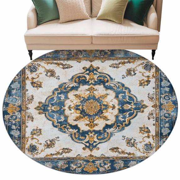 Vintage Flowers Pattern Washable Round Area Rug 5 ft, Yellow Blue Traditional Bohemian , Soft Non Slip Rugs Stain Repellent Indoor Felt Carpet for Living Dining Room Bedroom Home Office