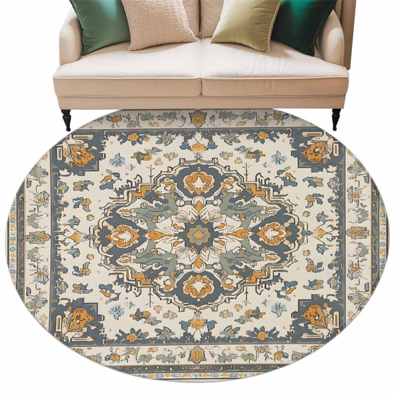Vintage Flowers Pattern Washable Round Area Rug 7 ft, Flowers Traditional Bohemian , Soft Non Slip Rugs Stain Repellent Indoor Felt Carpet for Living Dining Room Bedroom Home Office