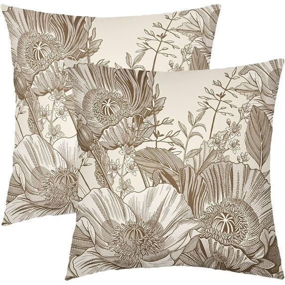 Vintage Flowers Pillow Covers 16x16 Inch Set of 2 Brown Floral Leaves Decorative Square Throw Pillows for Couch Rustic Square Pillow Cases Home Decor for Living Room Sofa Porch Outdoor