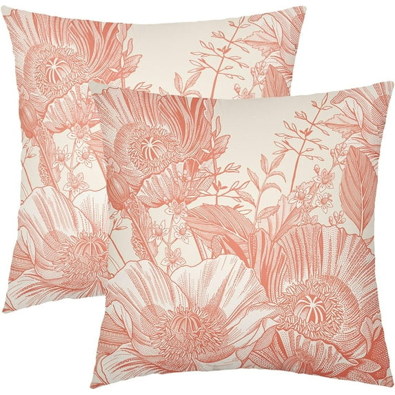 Vintage Flowers Pillow Covers 16x16 Inch Set of 2 Coral Floral Leaves Decorative Square Throw Pillows for Couch Rustic Square Pillow Cases Home Decor for Living Room Sofa Porch Outdoor