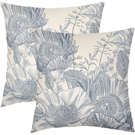 Vintage Flowers Pillow Covers 16x16 Inch Set of 2 Gray Blue Grey Floral Leaves Decorative Square Throw Pillows For Couch Rustic Square Pillow Cases Home Decor For Living Room Sofa Porch Outdoor