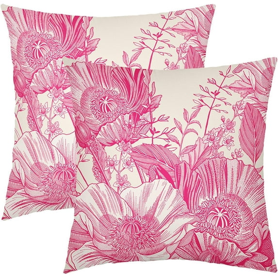 Vintage Flowers Pillow Covers 16x16 Inch Set of 2 Hot Pink Floral Leaves Decorative Square Throw Pillows for Couch Rustic Square Pillow Cases Home Decor for Living Room Sofa Porch Outdoor