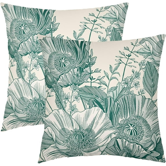 Vintage Flowers Pillow Covers 16x16 Inch Set of 2 Teal Floral Leaves Decorative Square Throw Pillows for Couch Rustic Square Pillow Cases Home Decor for Living Room Sofa Porch Outdoor