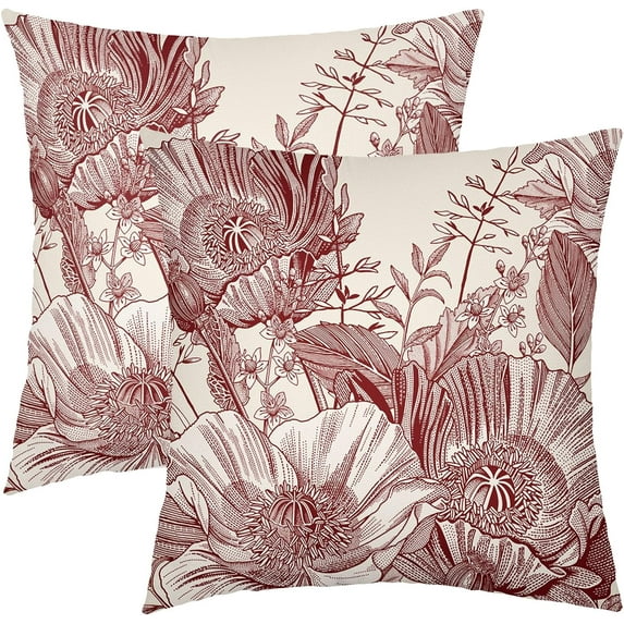 Vintage Flowers Pillow Covers 18x18 Inch Set of 2 Burgundy Floral Leaves Decorative Square Throw Pillows for Couch Rustic Square Pillow Cases Home Decor for Living Room Sofa Porch Outdoor