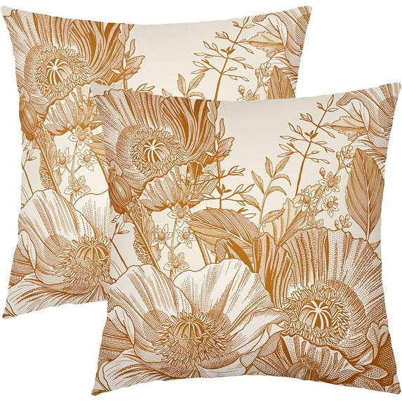 Vintage Flowers Pillow Covers 18x18 Inch Set of 2 Burnt Orange Floral Leaves Decorative Square Throw Pillows for Couch Rustic Square Pillow Cases Home Decor for Living Room Sofa Porch Outdoor