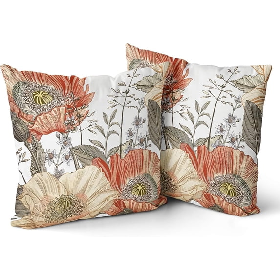 Vintage Flowers Pillow Covers 18x18 Inch Set of 2 Orange Yellow Floral Leaves Decorative Square Boho Throw Pillows for Couch Rustic Pillow Cases Home Decor Living Room Sofa Porch Outdoor