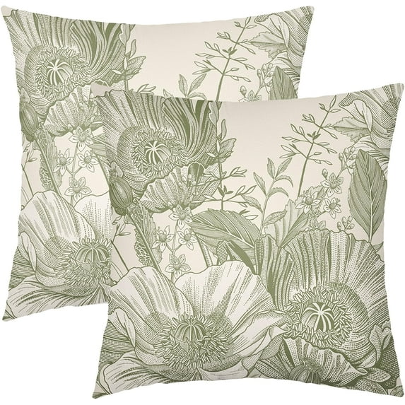 Vintage Flowers Pillow Covers 18x18 Inch Set of 2 Sage Green Floral Leaves Decorative Square Throw Pillows for Couch Rustic Square Pillow Cases Home Decor for Living Room Sofa Porch Outdoor