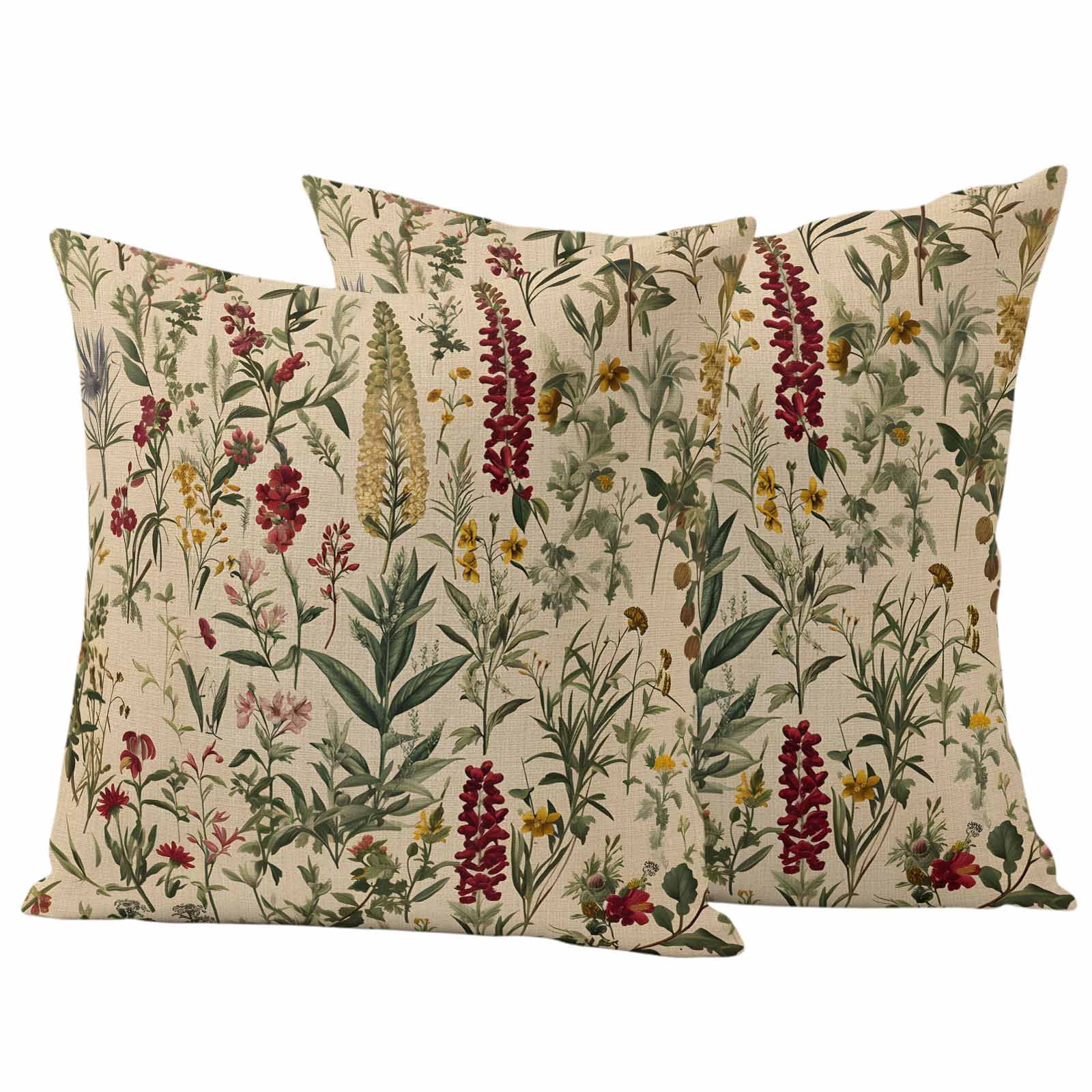 Vintage Flowers Pillow Covers 2 Pack Pastoral Red Flower Leaf Retro Linen Pillowcase Waterproof Outdoor Throw Pillow Cover for Patio Garden Square Cushion 16”x16”