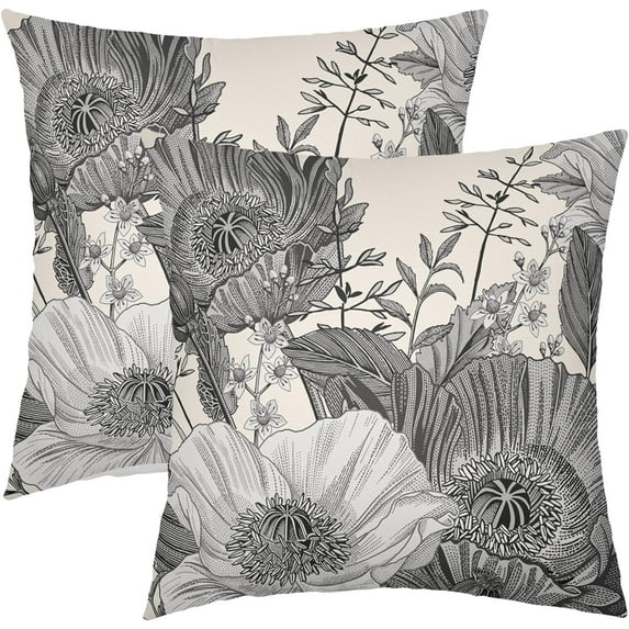 Vintage Flowers Pillow Covers 20x20 Inch Set of 2 Black White Grey Floral Leaves Decorative Square Throw Pillows For Couch Rustic Square Pillow Cases Home Decor For Living Room Sofa Porch Outdoor