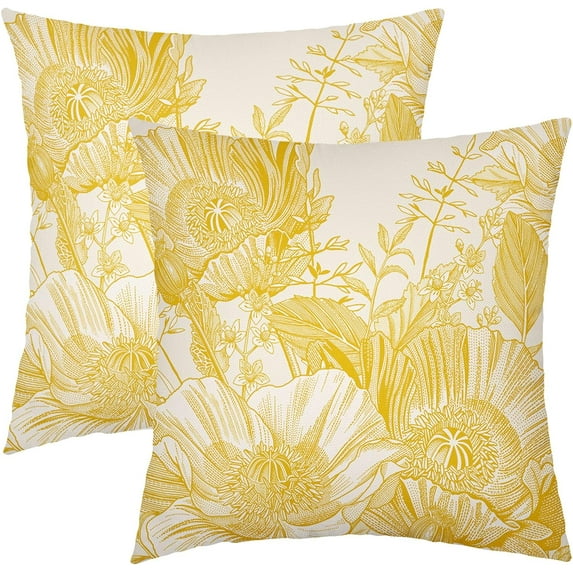 Vintage Flowers Pillow Covers 20x20 Inch Set of 2 Mustard Yellow Floral Leaves Decorative Square Throw Pillows For Couch Rustic Square Pillow Cases Home Decor For Living Room Sofa Porch Outdoor