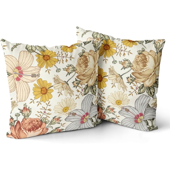 Vintage Flowers Pillow Covers 20x20 Inch Set of 2 Red Yellow Floral Leaves Decorative Square Boho Throw Pillows for Couch Rustic Pillow Cases Home Decor Living Room Sofa Porch Outdoor