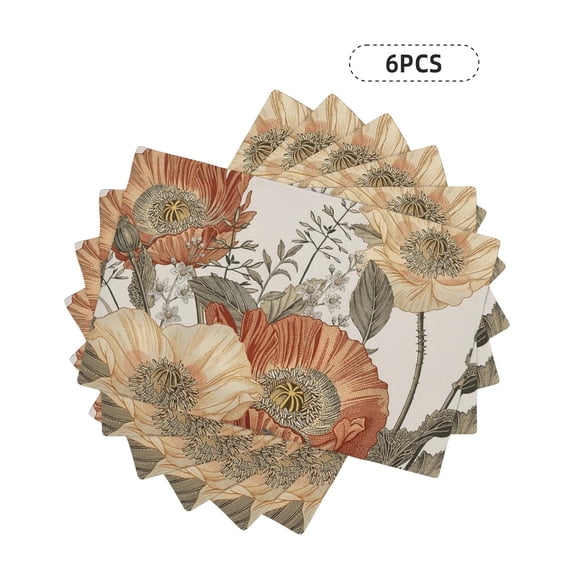 Vintage Flowers Placemats for Dining Table Rust Orange Yellow Floral Sage Leaves Decorative Heat-Resistant Washable Linen Rustic Retro Farmhouse Table Mats 12x18 Inch for Home Kitchen Use Set of 6