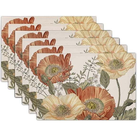 Vintage Flowers Placemats for Dining Table Rust Orange Yellow Floral Sage Leaves Decorative Heat-Resistant Washable Linen Rustic Retro Farmhouse Table Mats 12x18 Inch for Home Kitchen Use Set of 6