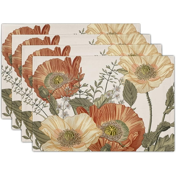 Vintage Flowers Placemats for Dining Table Rust Orange Yellow Floral Sage Leaves Decorative Heat-Resistant Washable Linen Rustic Retro Farmhouse Table Mats 12x18 Inch for Home Kitchen Use Set of 4