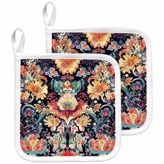 Vintage Flowers Pot Holders for Kitchen Heatproof Potholder, 2 Pack Ethnic Boho Floral Botanical Black Hot Pads Multipurpose Oven Pads Cloth Potholders Trivet for Cooking and Baking