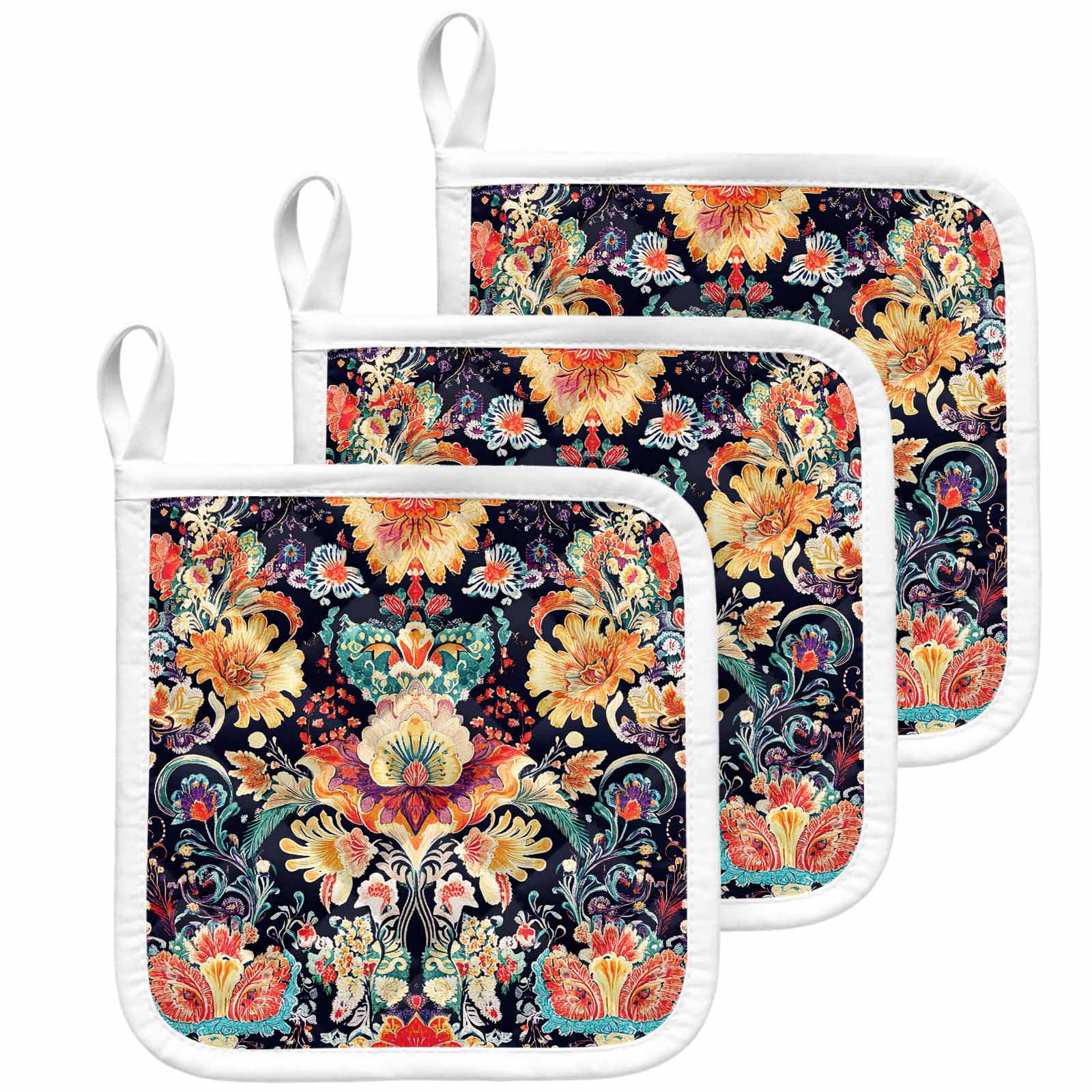 Vintage Flowers Pot Holders for Kitchen Heatproof Potholder, 3 Pack Ethnic Boho Floral Botanical Black Hot Pads Multipurpose Oven Pads Cloth Potholders Trivet for Cooking Baking