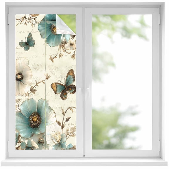 Vintage Flowers Privacy Window Film, Decorative Frosted Glass Window Film, Spring Floral Teal Tulip Butterfly Reusable Peel and Stick Static Cling for Home Bathroom Office Glass Door 17.7"x39.3"