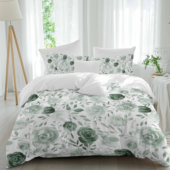 Vintage Flowers Queen Size Comforter Set, Light Green Flowers Leaf Decoration Bedding for All Seasons, 4 Pcs Bed Set, 1Quiltcover (90"x92") ,1Sheet(94"x116"), 2Pillowcases (30"x20")