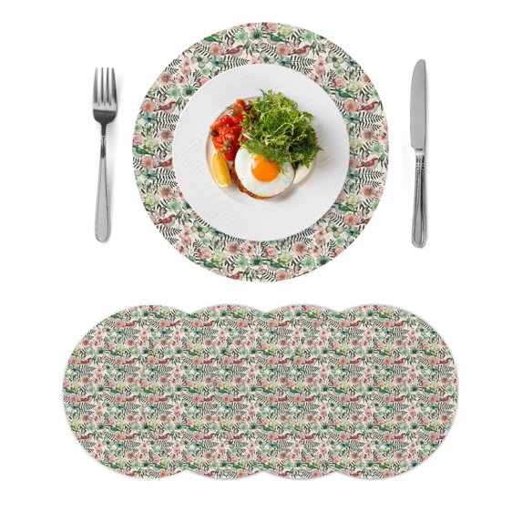 Vintage Flowers Round 13 Inch Placemats Set of 4, Spring Pink Green Floral Country Leaves Birds HeatResistant Non Slip Place Mats for Dining Table, Wipeable Kitchen Table Mats for Housewarming