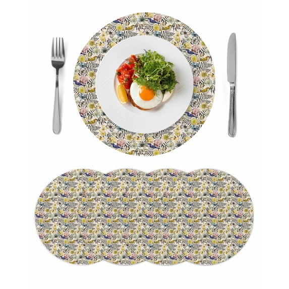 Vintage Flowers Round 13 Inch Placemats Set of 4, Spring Yellow Floral Country Leaves Blue Birds HeatResistant Non Slip Place Mats for Dining Table, Wipeable Kitchen Table Mats for Housewarming