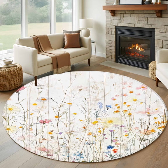 Vintage Flowers Round Area Rug 5 FT, Non Slip Bedroom Area Rug, Pink Blue Colorful Botanical Washable Soft Circular Carpet Non-Shedding Floor Mat for Kitchen Dining Room Foyer Balcony Dorm