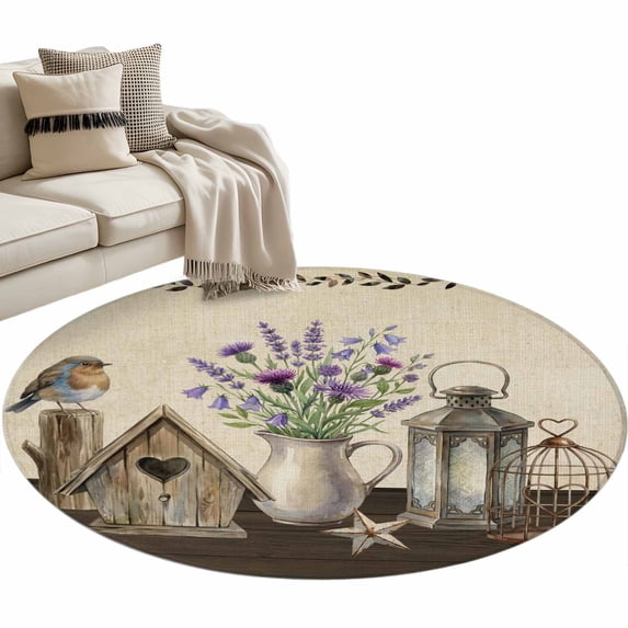 Vintage Flowers Round Area Rugs Collection 3', Birds Retro Art Elegant Farmhouse Rustic Non Slip Indoor Circular Throw Runner Rug Floor Mat Carpet for Living Room Dining Table Bedroom Nursery