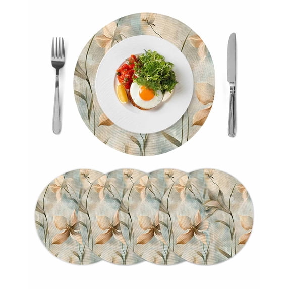 Vintage Flowers Round Placemats Set of 4 for Dinning Tables,Heat-proof Braided Table Mats 15 Inch,Spring Blooms Botanical Floral Herbs Washable Place Mat for Kitchen Restaurant Party Table Decor