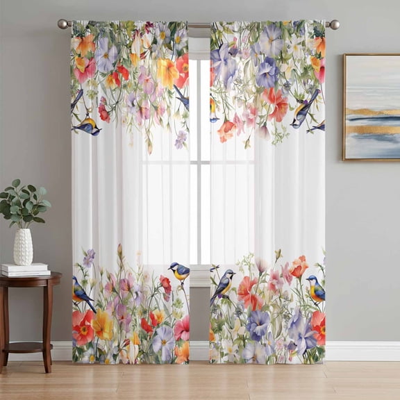Vintage Flowers Semi Sheer Window Curtains 96 Inches Long, Spring Floral Botanical Pastoral Rod Pocket Voile Silky Chiffon Curtain Light Filtering Drapes for Living Room, Kitchen, 52"x96", 2 Panels