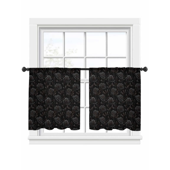 Vintage Flowers Sheer Curtains 2 Panels Set Black Roses Floral Gold Lines Sheer Window Curtains Light Filtering Rod Pocket Voile Drapes for Bedroom Living Room 52"x54"