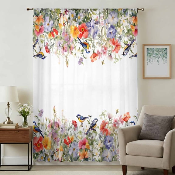 Vintage Flowers Sheer Curtains 54 Inches Long, Spring Floral Botanical Pastoral Light Filering Curtains, Breathable Simi Curtain Privacy Drapes for Kitchen Bathroom Nursery Small Window Treatment