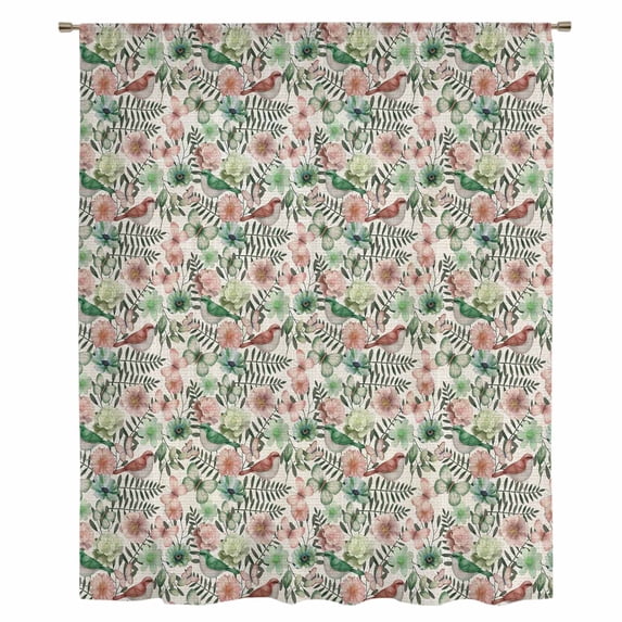 Vintage Flowers Sheer Curtains 63 Inches Long, Spring Pink Green Floral Country Leaves Birds Light Filering Curtains, Breathable Simi Curtain Privacy Drapes for Living Room Bedroom Window Treatment