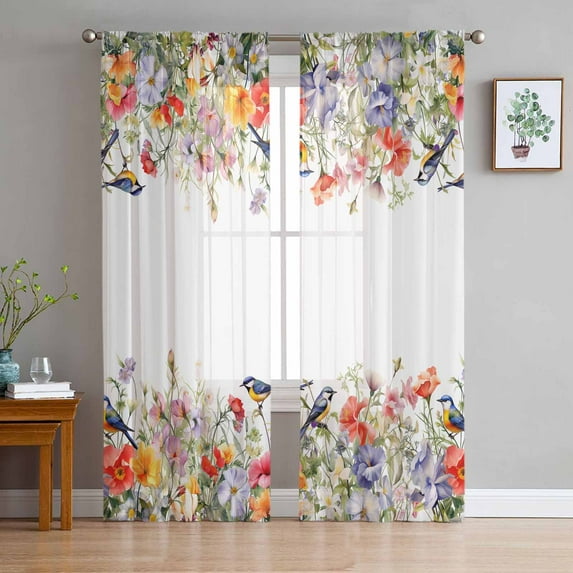 Vintage Flowers Sheer Curtains 96 Inch Length 2 Panels Set for Living Room/Bedroom, Spring Floral Botanical Pastoral Semi Curtain Sheers Drapes Rod Pocket Curtains Window Treatment Set 52''x96''x2