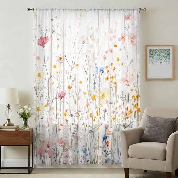 Vintage Flowers Sheer Curtains 96 Inches Long, Pink Blue Colorful Botanical Light Filering Curtains, Privacy Drapes Simi Floor to Veiling Curtain for Living Room Bedroom Large Window Treatment