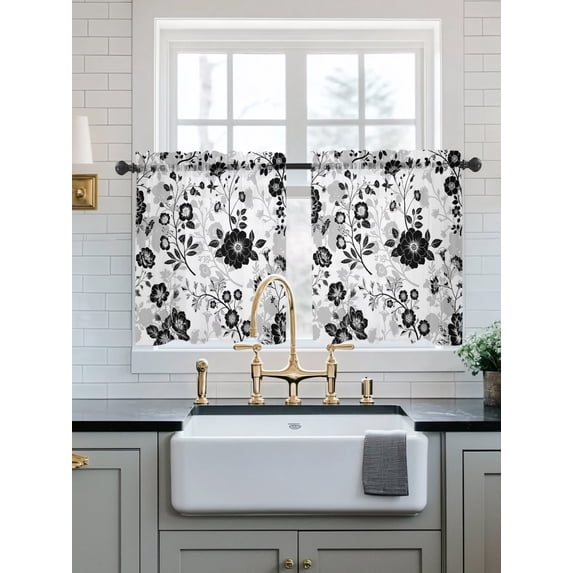 Vintage Flowers Sheer Kitchen Tier Curtains 24 Inch length,Rod Pocket Half Curtains Short Drapes,Black White Farmhouse Floral Plants Light Filtering Small Window Treatments 2 Pcs 27.5"W x 24"L