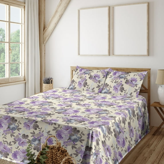 Ambesonne Vintage Flowers Fitted & Flat Sheet with Shams 4 Pcs Set, Nostalgic Flowers, Calking, Lavender Champagne