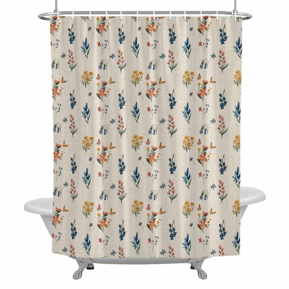 Vintage Flowers Shower Curtain for Bathroom, Blue Pink Yellow Flower Farm Plant Country Waterproof Cloth Fabric Bathroom Accessories Set with 12 Rust Proof Plastic Hooks, 36"x78"