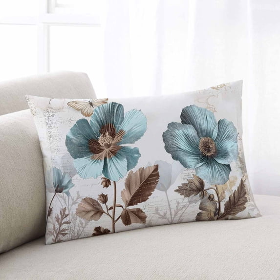 Vintage Flowers Standard Size Pillow Cover, Pillowcase Protectors with Zipper, Breathable Decorative Throw Pillow Case Cover, Teal Blue Floral Nature Butterfly Pillow Shams for Couch Sofa 20x26Inch