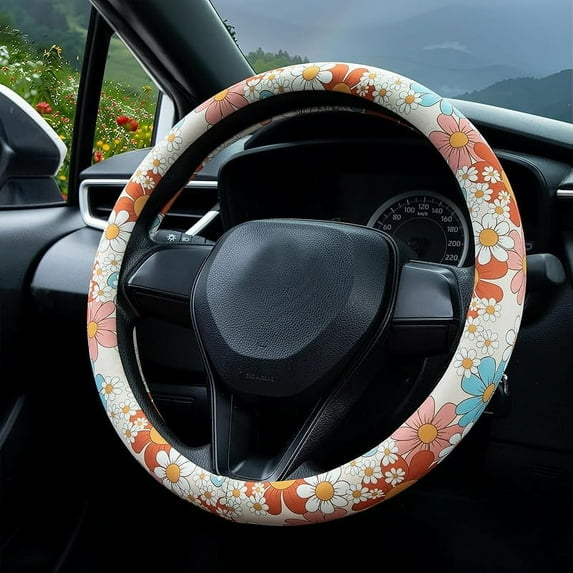 Vintage Flowers Steering Wheel Cover Auto Steering Wheel Protector, Anti-Slip, Breathable, Absorbing Sweat, Universal Car Accessories 14.5–15 inch,Fit for Most Car, Trucks, SUV