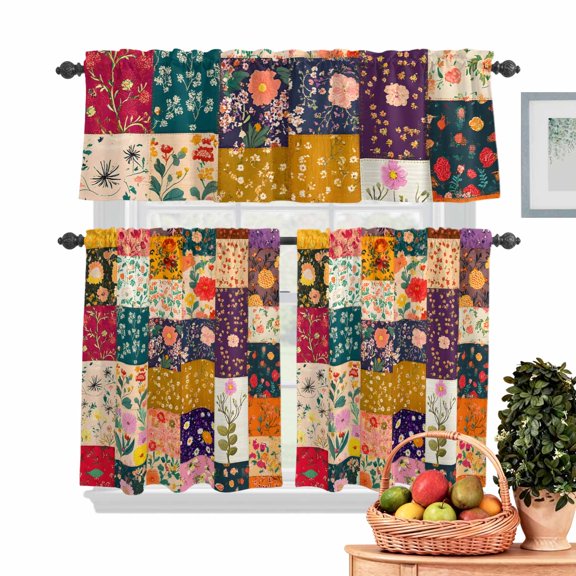 Vintage Flowers Stitching Kitchen Curtains Valances 3 Piece Set, Irregular Floral Plants Blooming Rod Pocket Tier Curtain and Valance Drapes for Small Window 36 Inch Length for Bedroom Cafe