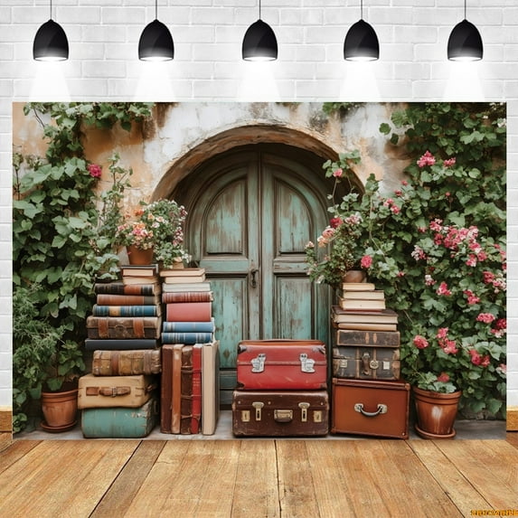 Vintage Flowers Suitcase Backdrop Bookshelf Book Rustic Wood Door First Travel Baby Kids Birthday Party Photography Background