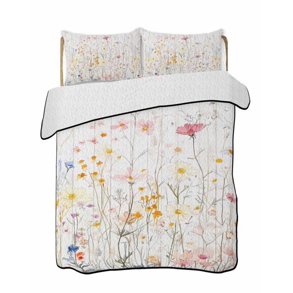 Vintage Flowers Summer Quilt Set King Size, Soft Microfiber Quilted Bedding Set with 2 Pillow Shams, Pink Blue Colorful Botanical Lightweight All Season Bedspread Coverlet for Bedroom 96"x106"