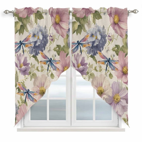 Vintage Flowers Swag Curtains for Kitchen/Bedroom/Living Room, Spring Watercolor Floral Dragonflies Beige Scalloped Curtains 63 Inch Long, Window Swag Topper Curtains Valances 2 Panels Set 36"x63"