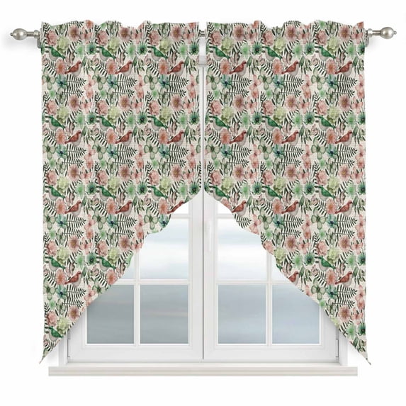 Vintage Flowers Swag Valances for Windows 2 Pack, Kitchen Window Curtains 36 Inch Length, Spring Pink Green Floral Country Leaves Birds Privacy Swag Curtains for Living Room/Bathroom 36"x36"