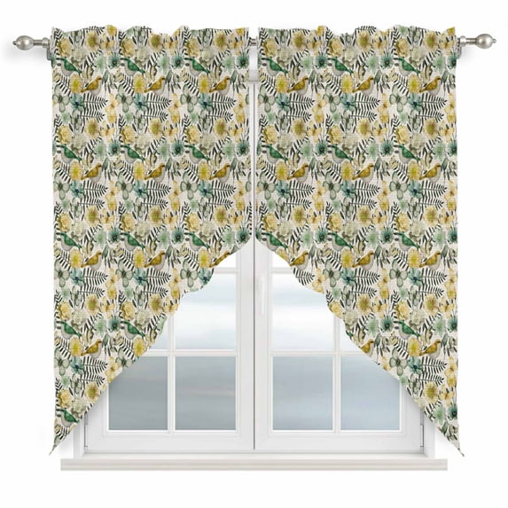 Vintage Flowers Swag Valances for Windows 2 Pack, Kitchen Window Curtains 36 Inch Length, Spring Yellow Green Floral Country Leaves Birds Privacy Swag Curtains for Living Room/Bathroom 36"x36"