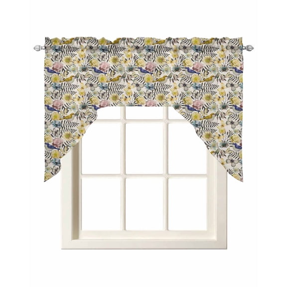 Vintage Flowers Swag Valances for Windows, Curtains Drapes, Spring Yellow Floral Country Leaves Blue Birds Kitchen Window Curtains Over Sink Window Treatment Valance for Bedroom/Bathroom 56"x36"