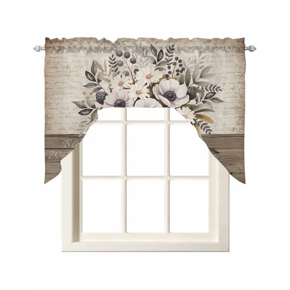 Vintage Flowers Swag Valances for Windows, Small Curtains Drapes, Farmhouse Floral Leaves Retro Wood Board Kitchen Window Curtains Over Sink Window Treatment Valance for Bedroom/Bathroom 56"x36"