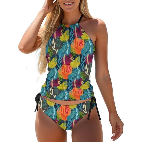 Vintage Flowers Swim Suits for Women Tummy Control Tankini Swimsuit 2 Piece Ladies Halter Swimwear with Bikini Briefs