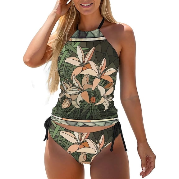 Vintage Flowers Swim Suits for Women Tummy Control Tankini Swimsuit 2 Piece Ladies Halter Swimwear with Bikini Briefs